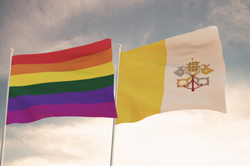 Beautiful flag of LGBT pride waving with the strong wind and THE VATICAN 3D RENDER, 3D RENDERING...