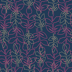 Seamless floral pattern. Trendy line art design for wallpaper, textile design, packing, fabric. Modern vibrant abstract flowers and leaves.