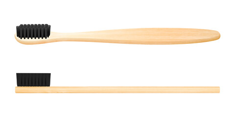 Vector 3d Realistic Brown Wooden, Bamboo Blank Toothbrush Set Isolated on White Background. Design Template, Mockup. Dentistry, Healthcare, Hygiene Concept. Tooth Brush in Top, Side View