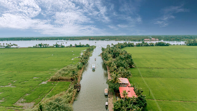 Aerial Shot  Boat Houses over the backwaters in Alleppey, Kerela