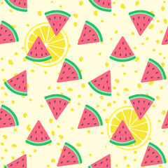 Seamless pattern with watermelon slices. Hand drawn vector background. Design elements for prints, paper, textile, fabric, children background