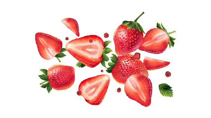 Flying fresh strawberries on a white background.