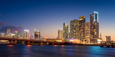 Fototapeta na wymiar Miami City Skyline and MacArthur Causeway at Night, Florida