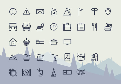 Ski Resort Icon Set, Hotel And Hospitality Collection. Collection With Objects Related With Mountains, Outdoor, Snowboarding And Skiing, Rentals And Amenities. Editable Strokes Vector Image.