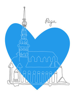 recommend clip art: Riga line art illustration. Old town symbol. Church building. Riga flag color