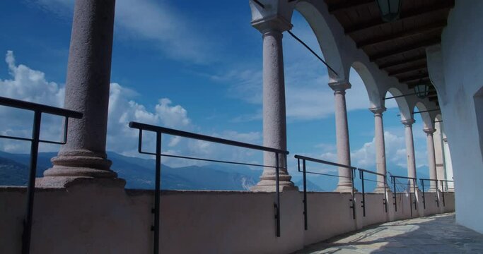 Hermitage of Santa Caterina del Sasso, Leggiuno, Italy. 4K DCI Slow Tilt Up