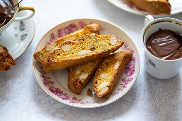 Italian cantuccini biscuits and dark chocolate pot