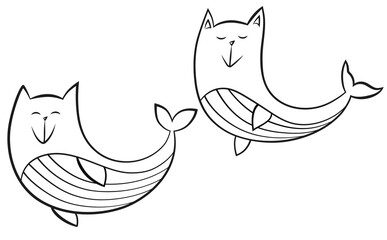 Line art whale and cat illustration on white background. Cute whales. Fairytale Illustration on white background. Perfect for patterns print, baby shower card, invitation, greeting card