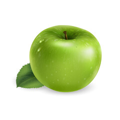 Green apple with a leaf on white background.