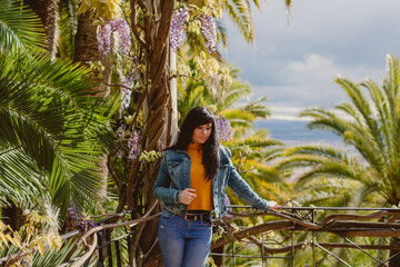 girl posing palm trees nature