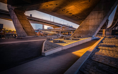 Pedestrian Footpath under Zakim Memorial Bridge in Boston. Abstract Shapes, Geometry, and Lights in...
