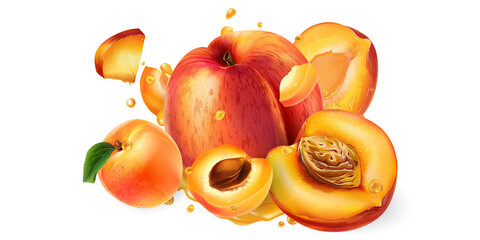 Fresh peaches and apricots and drops of fruit juice.