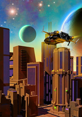 futuristic city in the night, spaceship flying in the sky, alien planetary system, 3d illustration