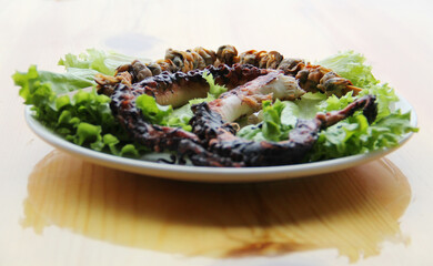 octopus, mussels on skewers, appetizer on the table