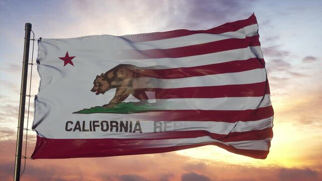 California and USA flag on flagpole. USA and California Mixed Flag waving in wind