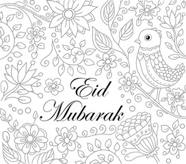 Eid Mubarak - Have a happy Eid. Greeting, coloring book illustration with bird in blooming branch. Coloring pages