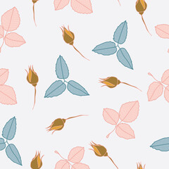 Vector golden hibiscus roses flower, blue and pink leaves on white background seamless repeat pattern. Great for sweet-themed fabric, wallpaper, scrapbooking projects, packaging.