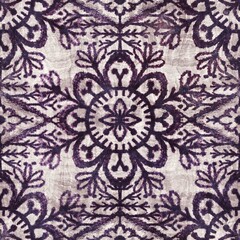Seamless grungy tribal ethnic rug motif pattern. High quality illustration. Distressed old looking native style design in faded purple and cream colors. Old artisan textile seamless pattern.