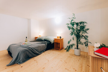 Ordinary bedroom in loft apartment in wooden style with double bed, bedside tables and two glasses of wine with bottle on tray.  Bedroom is lit by bright light mounted on wall and two bedside lamps.