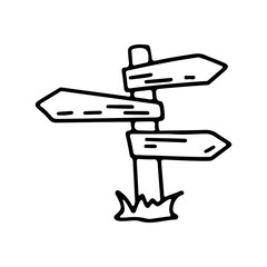 Wooden signs in doodle style, direction pointer symbol isolated on white background. Hand drawn vector outline sketch. Illustration of touristic old board arrow. Design for print, web, mobile