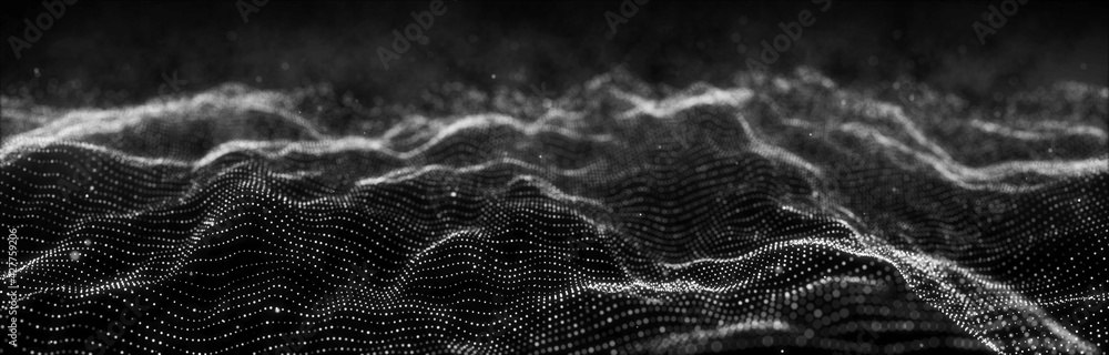 Poster wave of particles. dynamic wave on black background. big data visualization. data technology abstrac