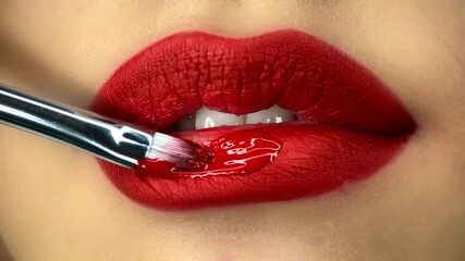 Creative makeup artist puts on a lipgloss on a model's lips. Woman having her lips makeup done. High quality 4k footage