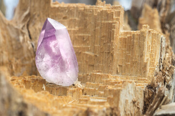 Large pink violet lilac quartz crystal on a tree stump on wooden texture background. Beautiful gem chalcedony in sunshine