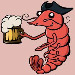 Smiling moustached red pirate shrimp with beer mug
