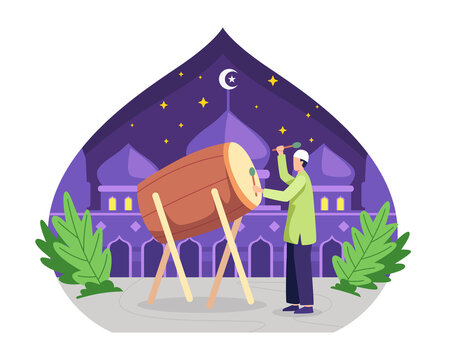 Celebrating Eid al-fitr concept. Happy muslim hitting drum and celebrating Eid Mubarak. Ramadan kareem celebration, Happy fasting and iftar party. Vector illustration in a flat style