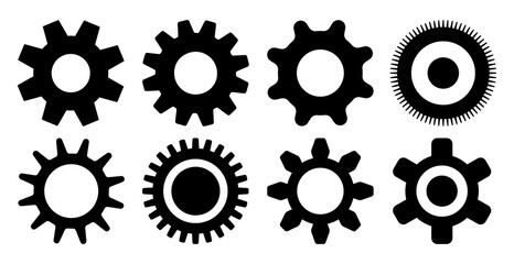 Black gears vector set on white background. Cogwheels collection, technology concept illustration with machinery elements.  