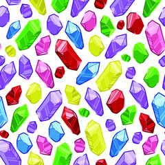 Seamless background. Crystals of different colors and sizes isolated on white background. 