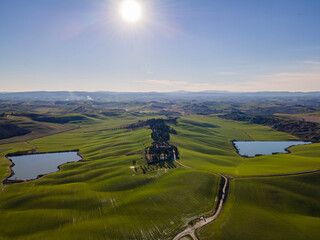 Outstanding countryside landscape in Crete Senesi, Tuscany, Italy.  Aerial view, drone shot.