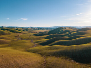 Peaceful and relaxing countryside landscape in Tuscany.  Aerial view, drone shot. 
