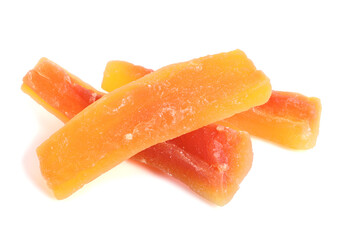 Sugar Infused Dry Papaya Chunk Pieces. Isolated on White.