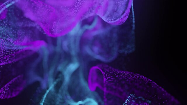 Abstract Macro slow motion shot of Blue and Orange Particle Fluid isolated on black. paint drops mixing in water. Ink swirling underwater. Colored cloud abstract smoke explosion animation. 3D render