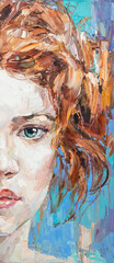 Mystical blue-eyed nymph with fiery red curly hair. Oil on canvas.  Background is aquamarin..