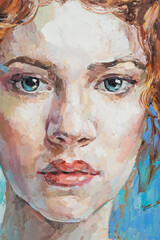 Fragment of art painting. Portrait of a girl with red hair is made in a classic style. .A woman's face with blue eyes.