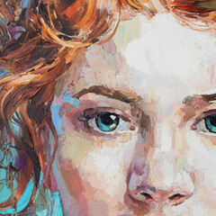 Fragment of art painting. Portrait of a girl with red hair is made in a classic style. .A woman's face with blue eyes.