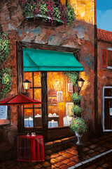 Fototapeta na wymiar An impressionist oil painting depicting a street cafe where people rest together and eat.