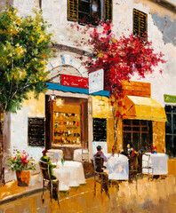 Fototapeta na wymiar An impressionist oil painting depicting a street cafe where people rest together and eat.