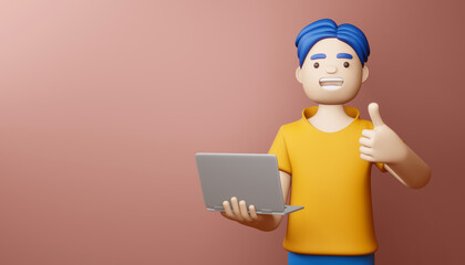 Happy man thumbs up with notebook, 3d rendering.