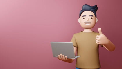 Happy man thumbs up with notebook, 3d rendering.