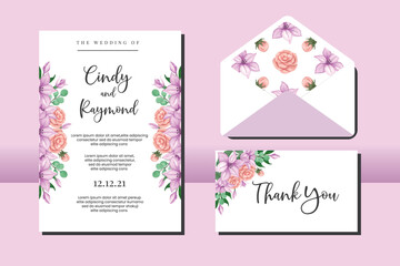 Wedding invitation frame set, floral watercolor hand drawn Peony and Zinnia Flower design Invitation Card Template