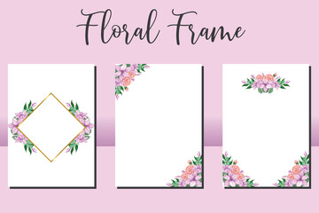 Wedding invitation frame set, floral watercolor hand drawn Peony and Zinnia Flower design Invitation Card Template