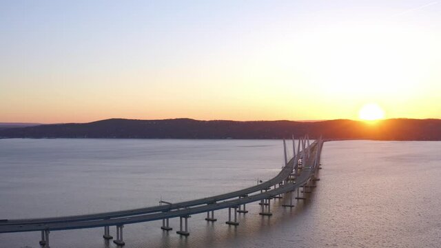 Governor Mario Cuomo Or Tappan Zee Bridge At Sunset, USA. Aerial View