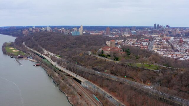 Aerial panoramic view over Hudson River Greenway and Cloisters at Fort Tryon Park, New York