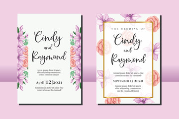 Wedding invitation frame set, floral watercolor hand drawn Peony and Zinnia Flower design Invitation Card Template