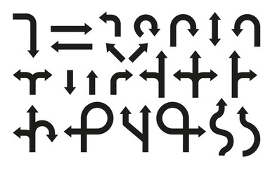 Black silhouette road sign. Flat icon navigation or direction way. Rounded arrow. Design template of various pointer, traffic turn, branching, double cursor. Driving arrow Isolated vector illustration