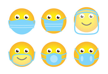 Emoji face icons set in medical mask. Stop COVID-19. Kit emoticon in different type of protective masks. Smile in cartoon style sign protect against spread of coronavirus. Isolated vector illustration