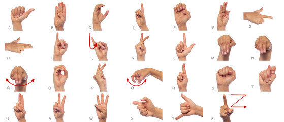 Language of deaf mute hands. Set of pictures of hands and fingers with sign language on white...